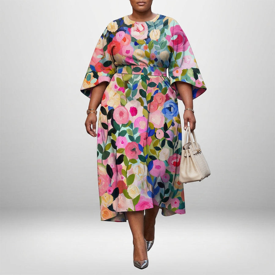 ROSALIE | Bloom Print Midi with Sculpted Waist and Flowing Grace