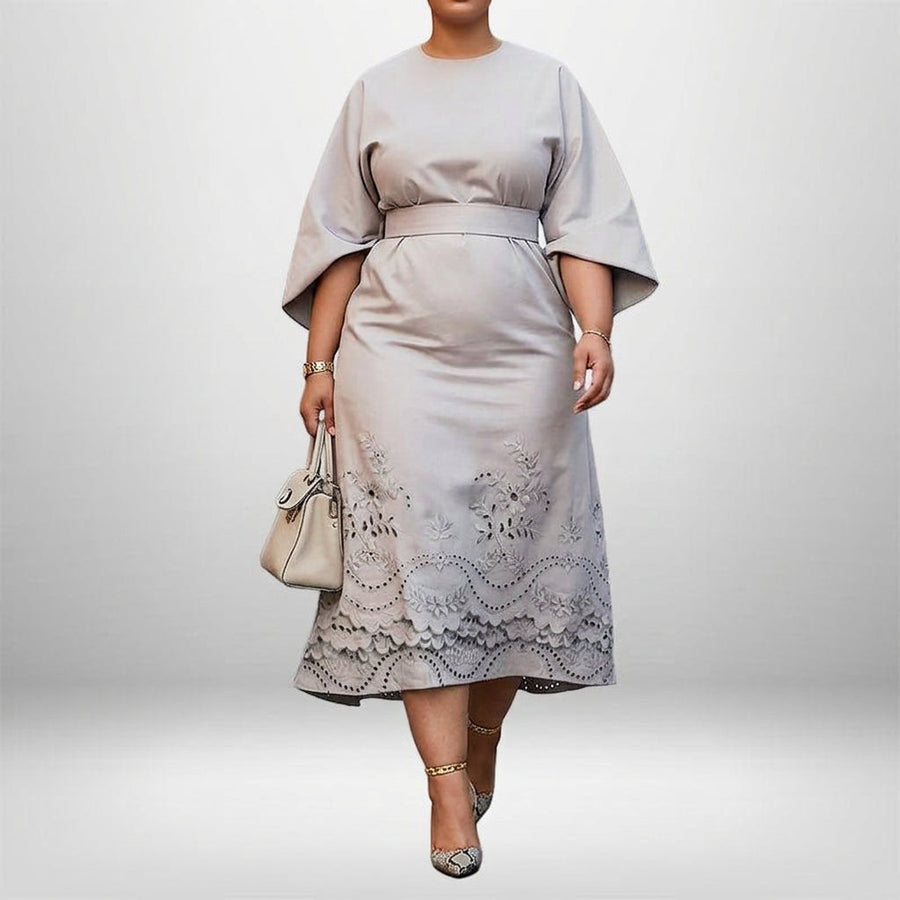 ELYSIA | Embroidered Midi with Sculpted Waist and Soft Elegance