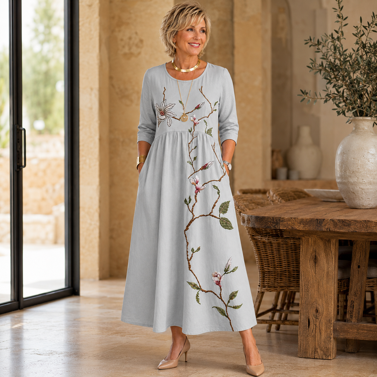 Silver Meadow Blossom Pocket Midi Dress.