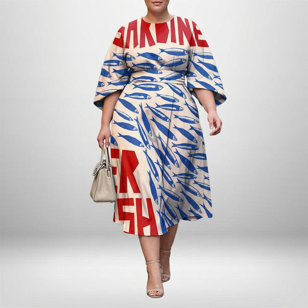 MARISOL | Coastal Print Midi with Sculpted Waist and Artistic Flair
