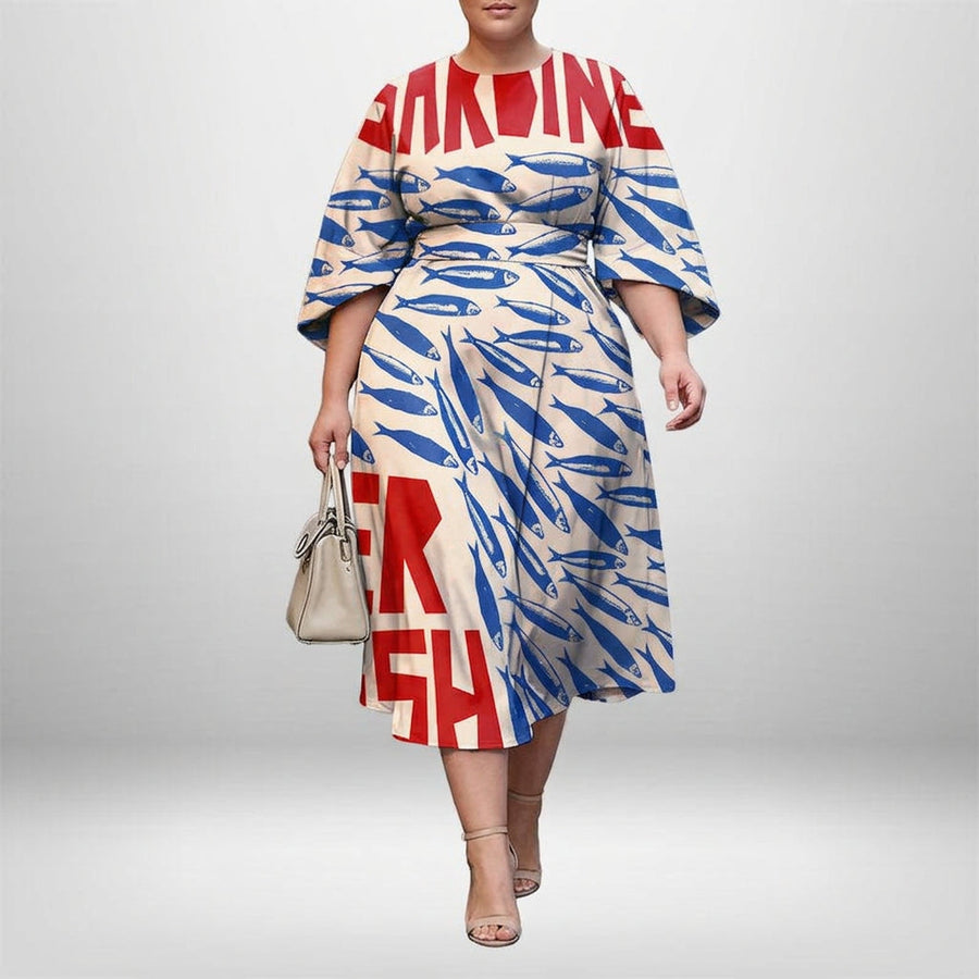 MARISOL | Coastal Print Midi with Sculpted Waist and Artistic Flair