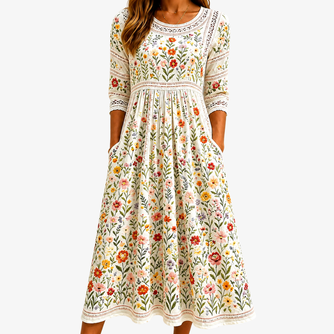 Meadow | Floral Crochet-Trim Midi Dress