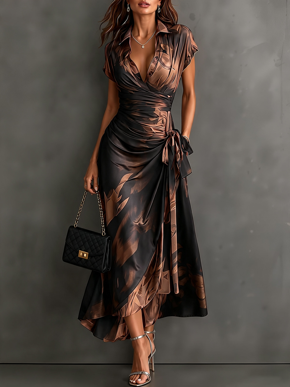 Sienna™ Brown Abstract Wrap Midi Dress