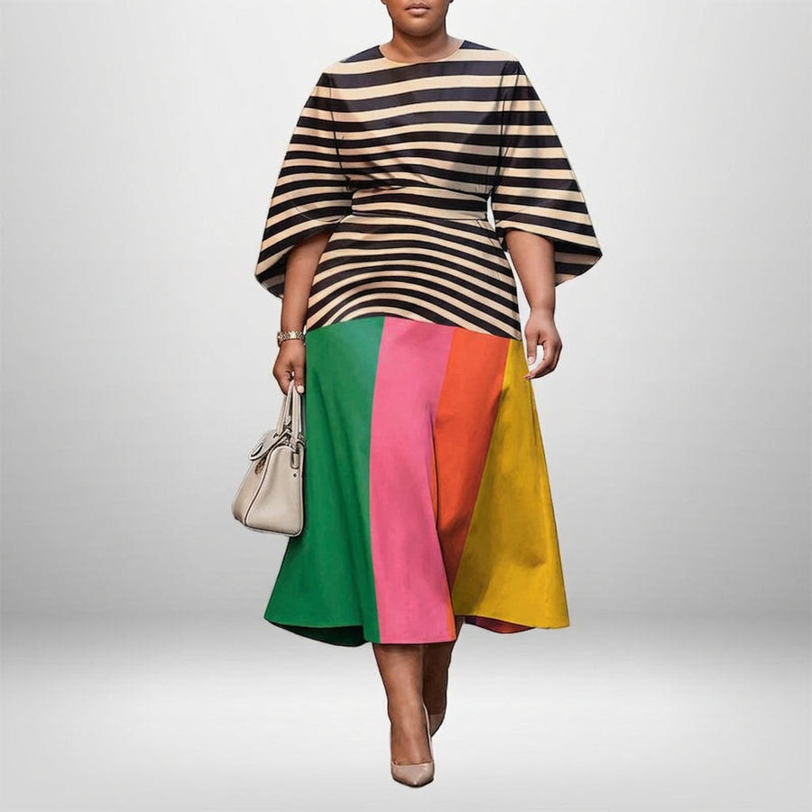 VALENZA | Striped Colorblock Midi with Sculpted Waist and Modern Flair