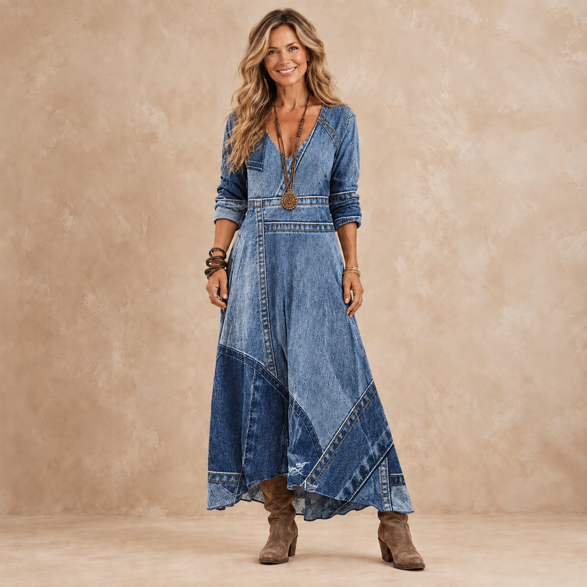 Indigo | Patchwork Denim-Look Maxi Dress.