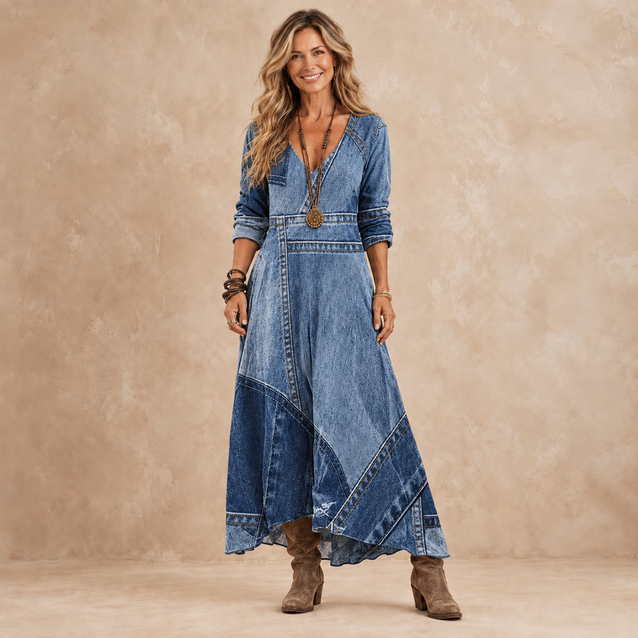 Indigo | Patchwork Denim-Look Maxi Dress.