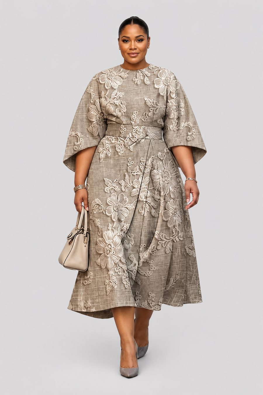 ALTHEA | Embroidered Floral Midi with Sculpted Waist and Timeless Grace