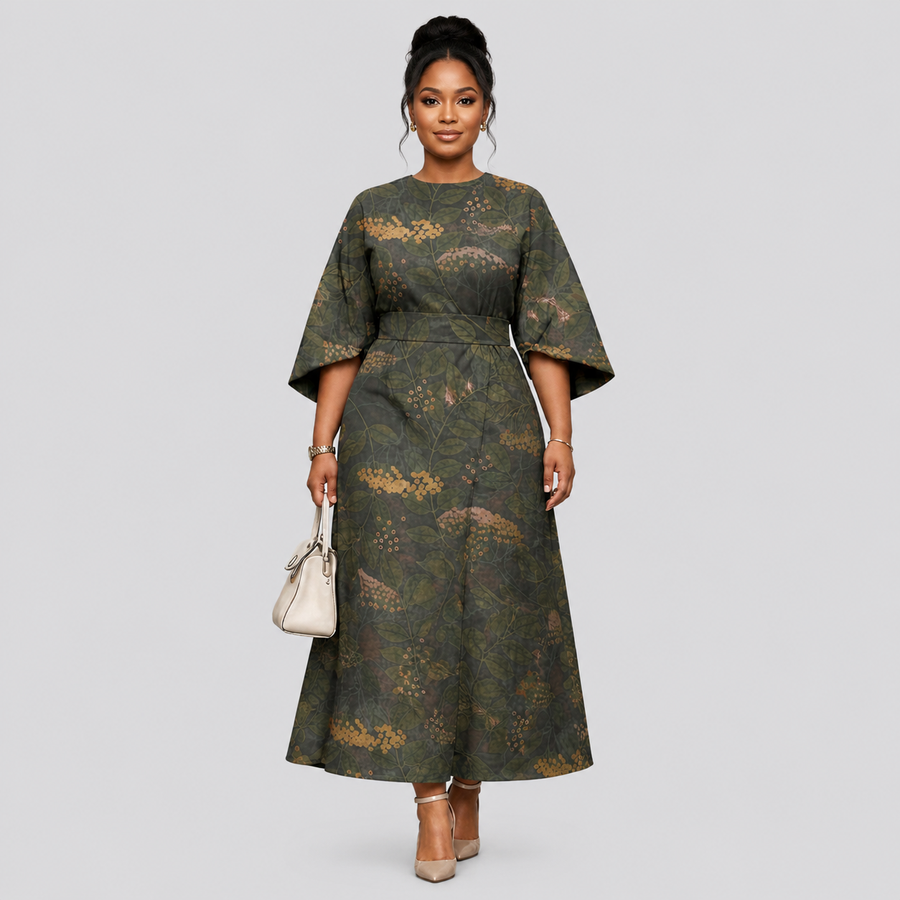 VERDARA | Botanical Midi with Sculpted Waist and Natural Elegance