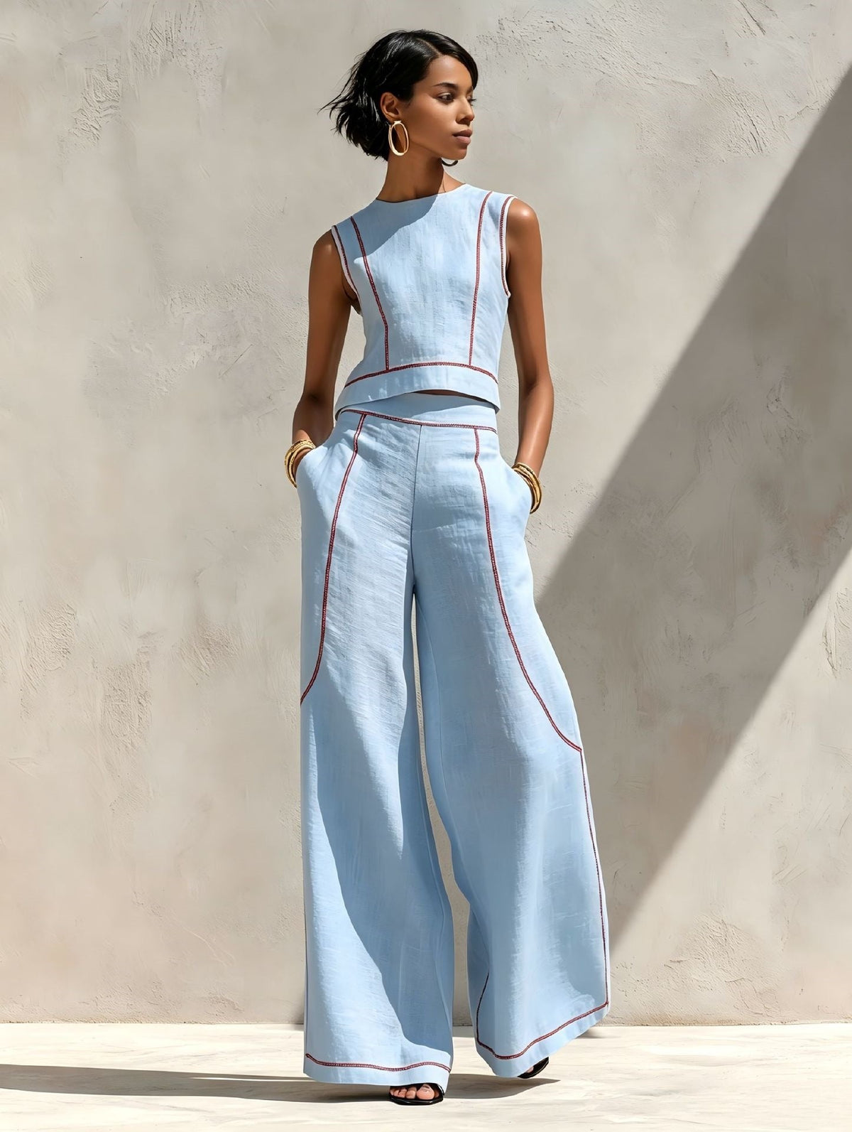 Elegant Contrast-Stitched Pants Set