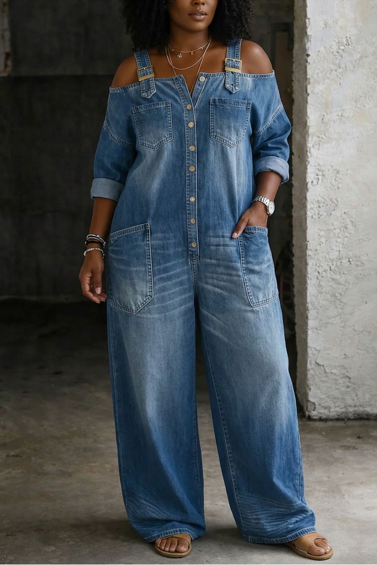 Stephanie | Off Shoulder Denim Shirt Jumpsuit