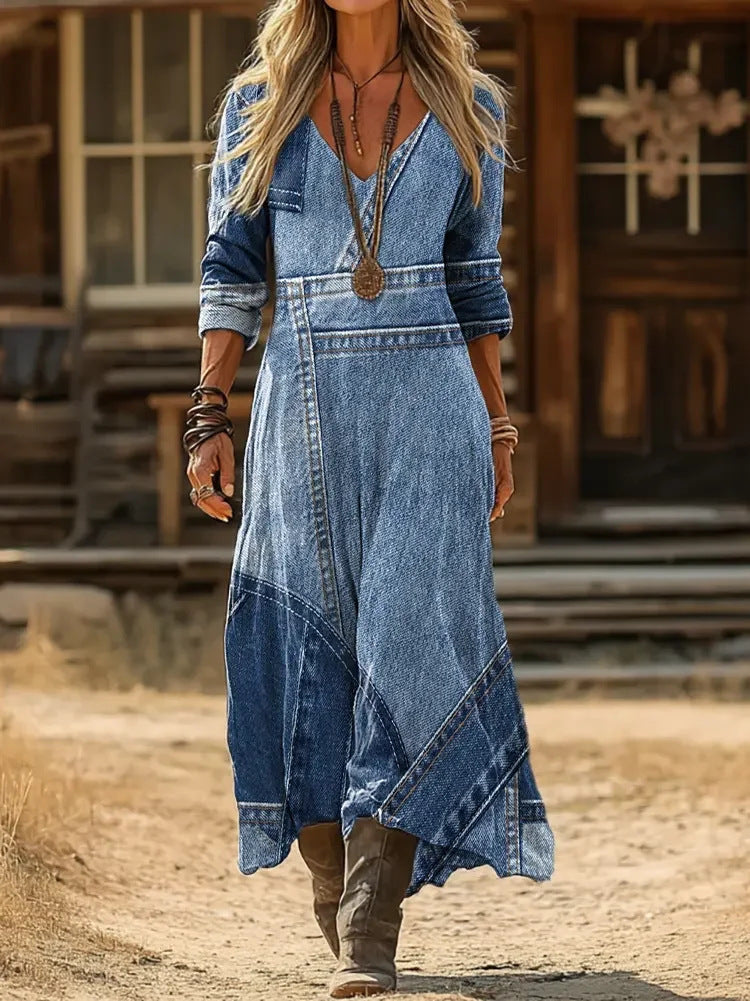 Indigo | Patchwork Denim-Look Maxi Dress.