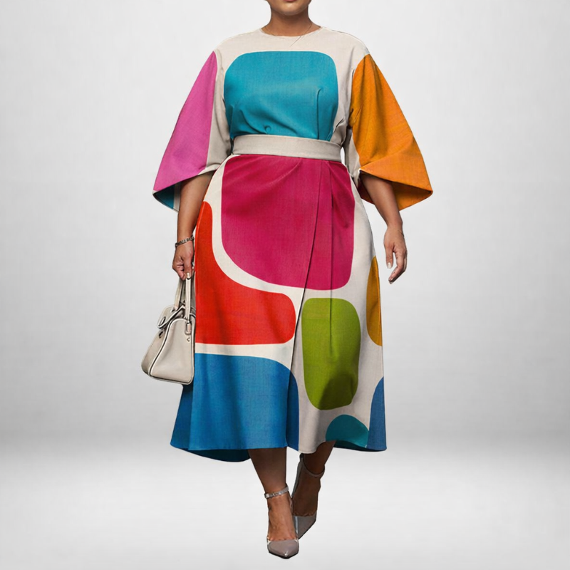 ELARA | Abstract Colorblock Midi with Sculpted Waist and Flowing Elegance