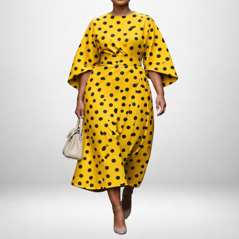 LUMIRA | Polka Dot Midi with Sculpted Waist and Playful Elegance