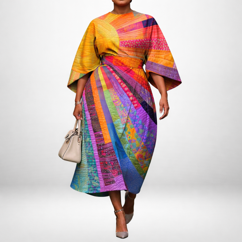 AURELIA | Patchwork Midi with Sculpted Waist and Statement Sleeves