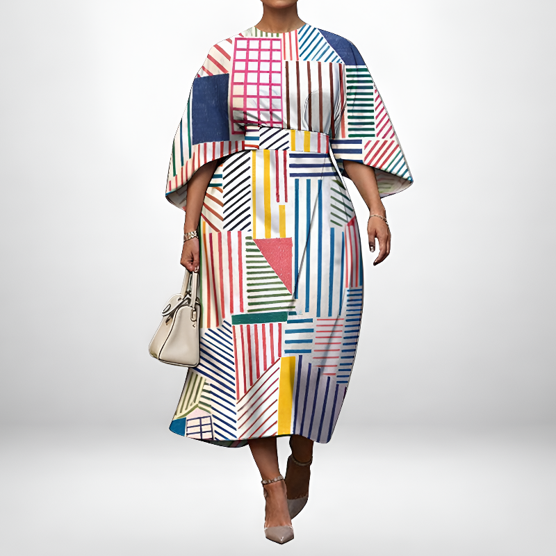 MARCELLA | Geometric Midi with Sculpted Waist and Modern Art Elegance