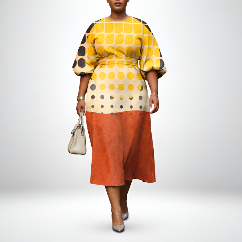 SOLARA | Polka Grid Midi with Sculpted Waist and Radiant Flow