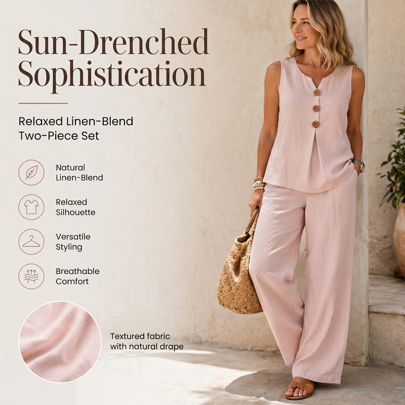 Natural Linen-Blend Sleeveless Button Top and Loose Pants Set