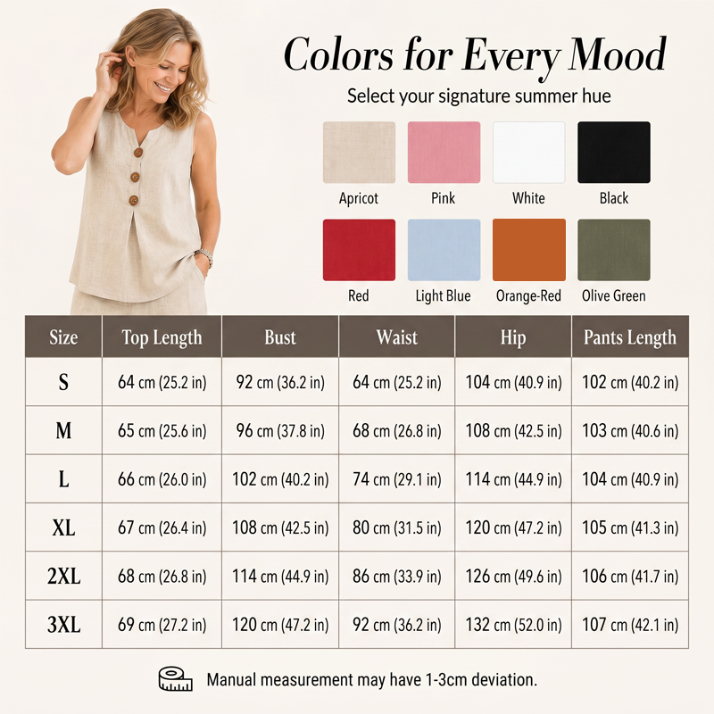 Natural Linen-Blend Sleeveless Button Top and Loose Pants Set