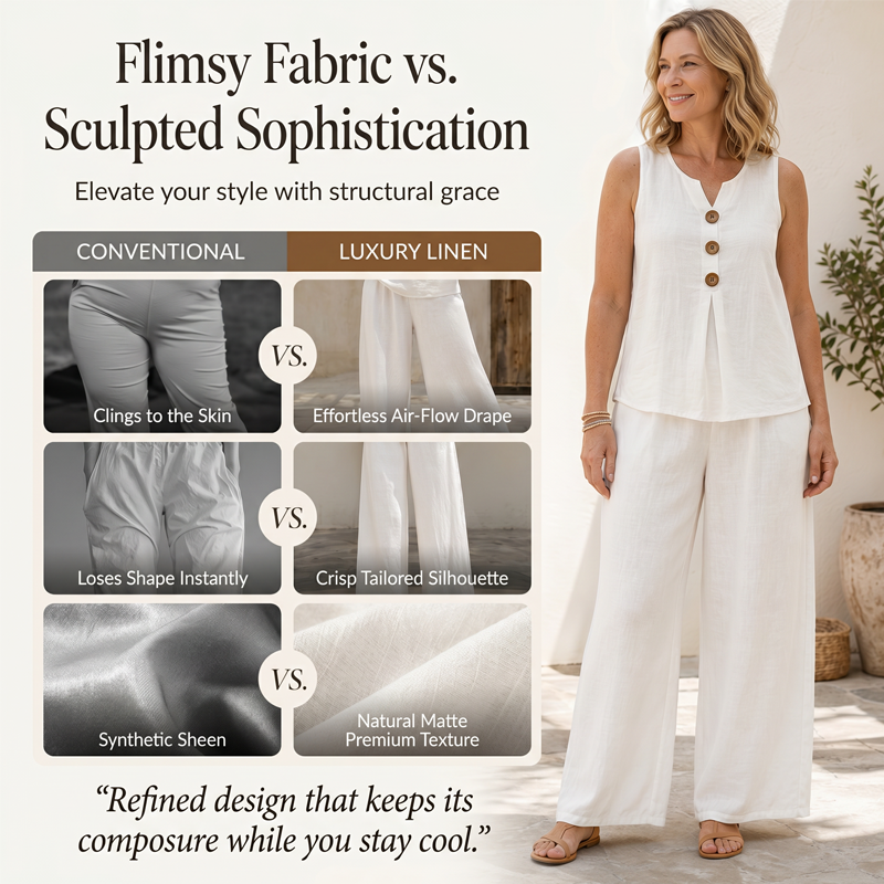 Natural Linen-Blend Sleeveless Button Top and Loose Pants Set