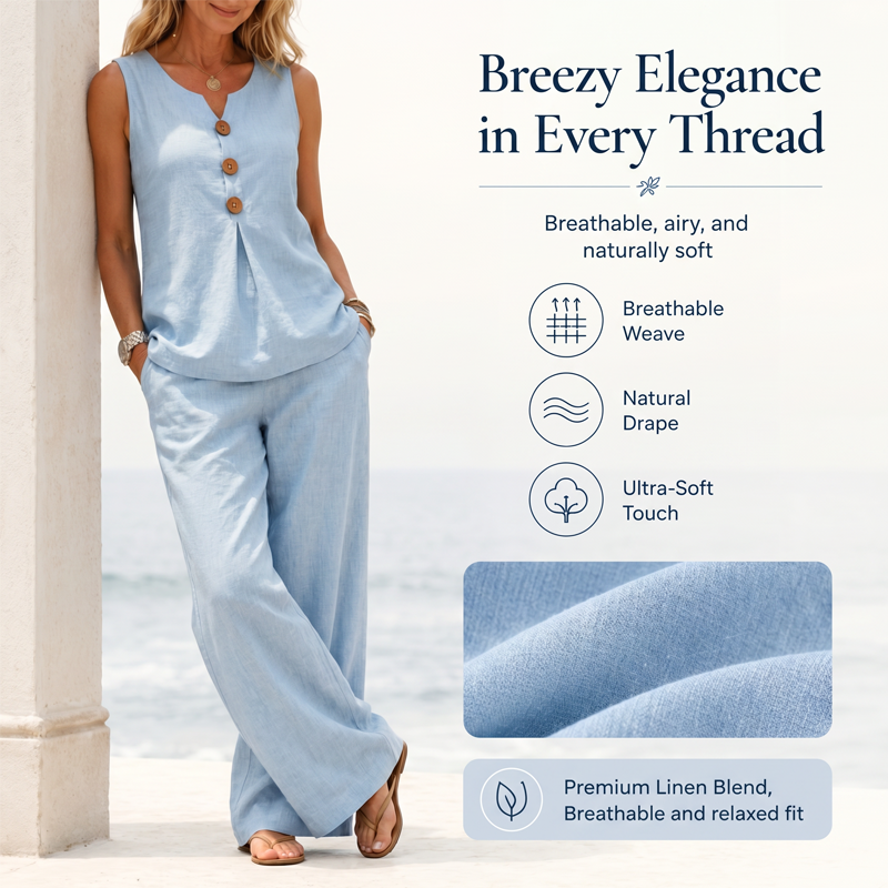 Natural Linen-Blend Sleeveless Button Top and Loose Pants Set