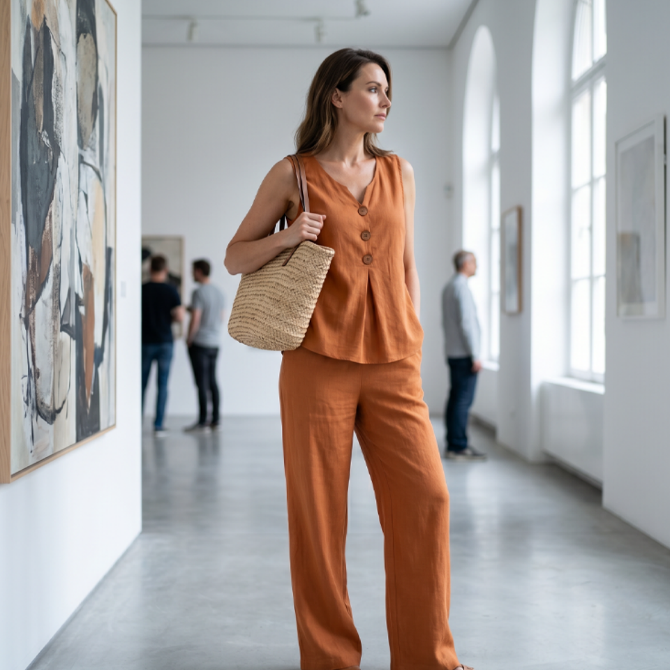 Natural Linen-Blend Sleeveless Button Top and Loose Pants Set
