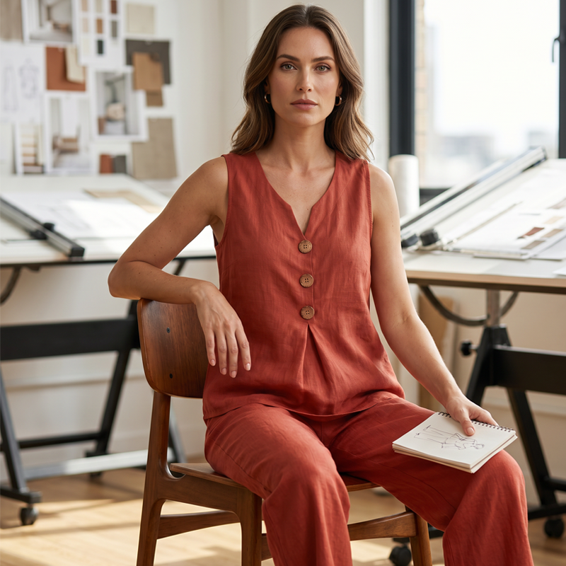 Natural Linen-Blend Sleeveless Button Top and Loose Pants Set