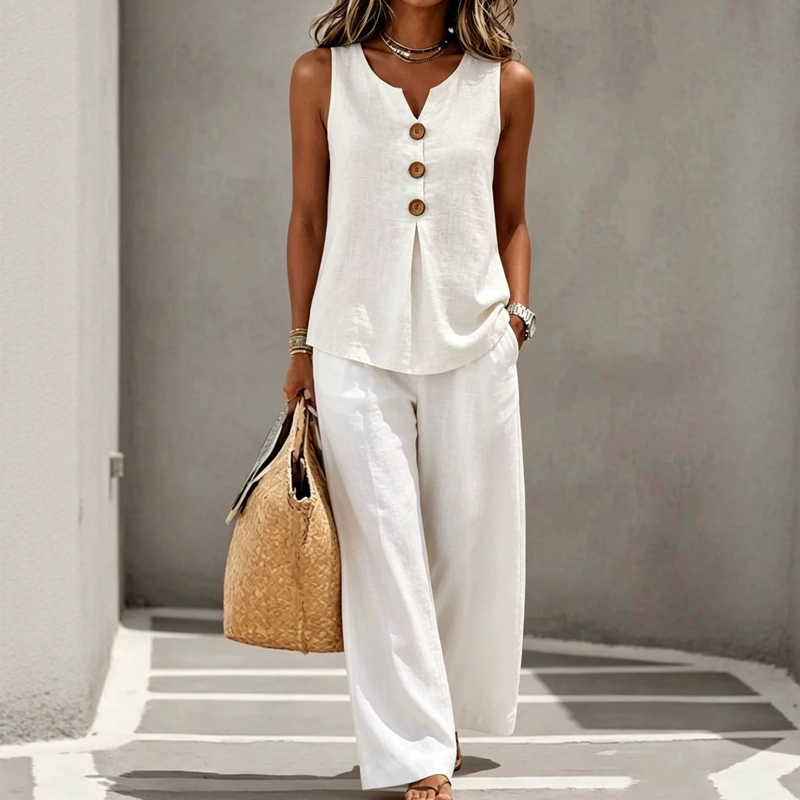 Natural Linen-Blend Sleeveless Button Top and Loose Pants Set