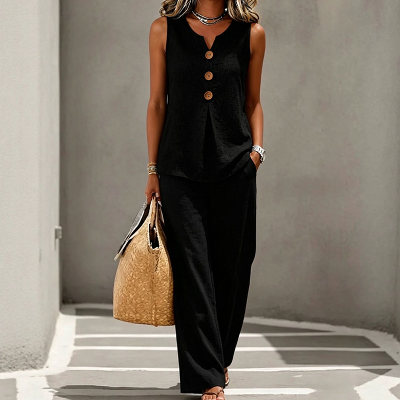Natural Linen-Blend Sleeveless Button Top and Loose Pants Set