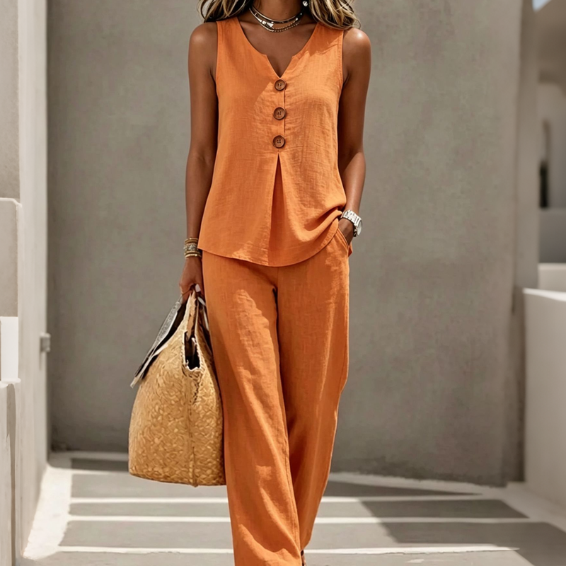 Natural Linen-Blend Sleeveless Button Top and Loose Pants Set