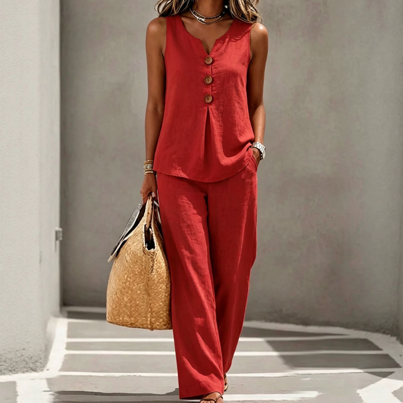 Natural Linen-Blend Sleeveless Button Top and Loose Pants Set