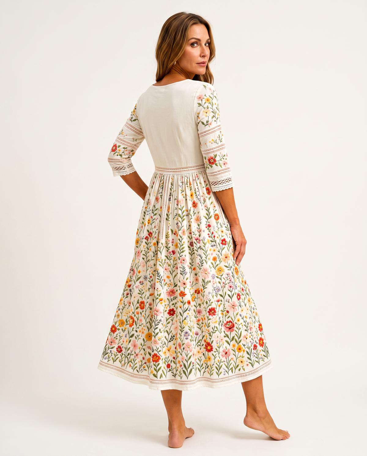 Meadow | Floral Crochet-Trim Midi Dress