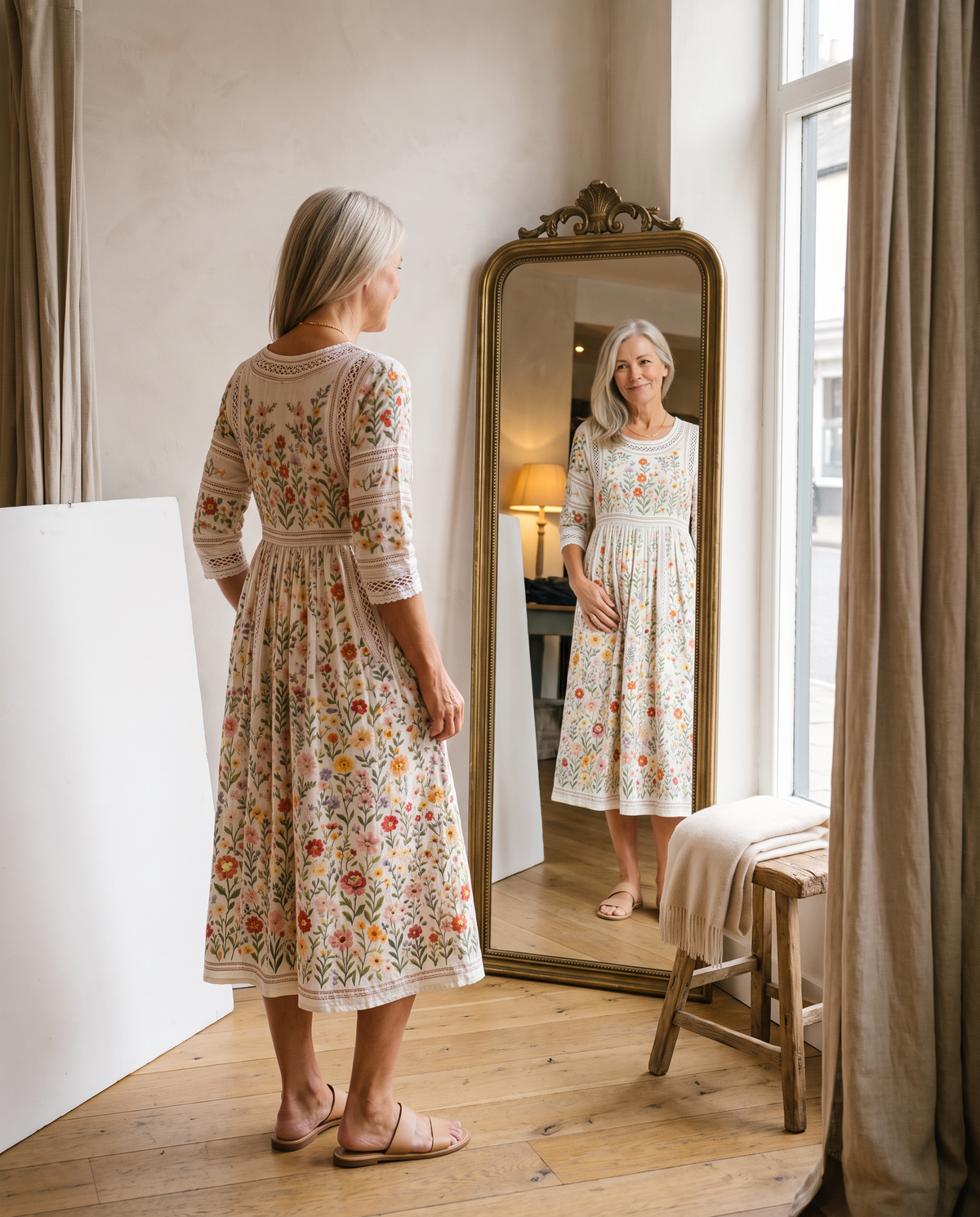 Meadow | Floral Crochet-Trim Midi Dress
